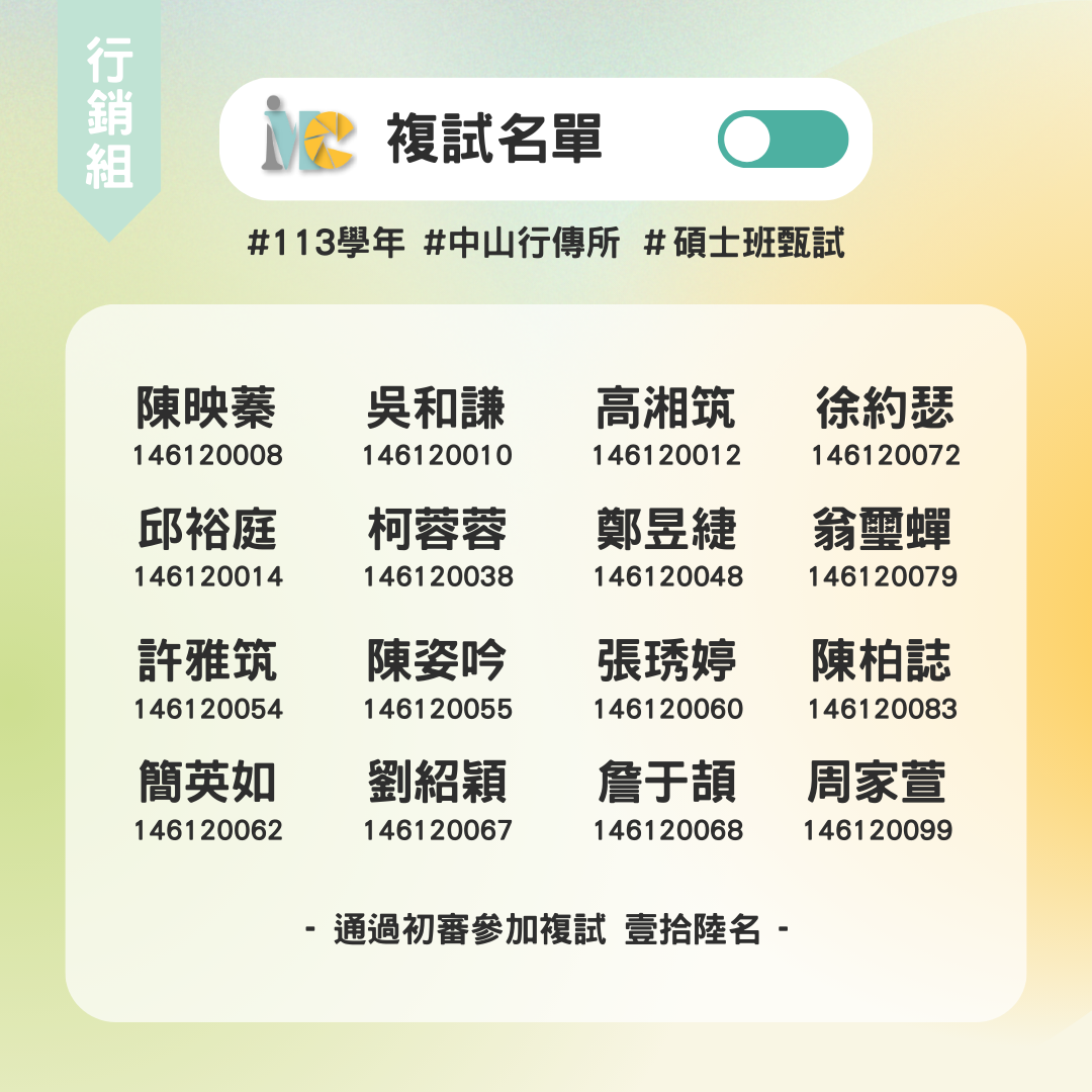 國立中山大學行銷傳播管理所113學年度碩士班甄試複試名單