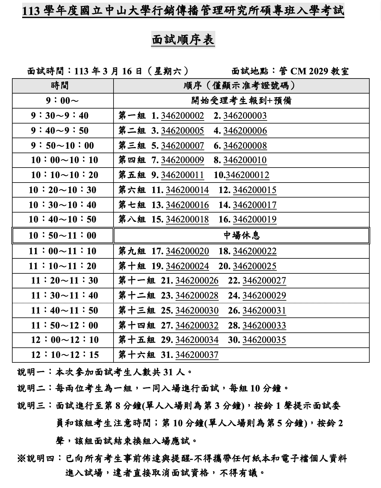 113學年度在職專班入學考試面試順序表