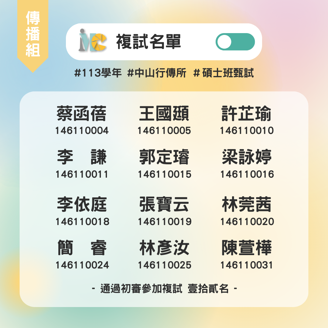 國立中山大學行銷傳播管理所113學年度碩士班甄試複試名單