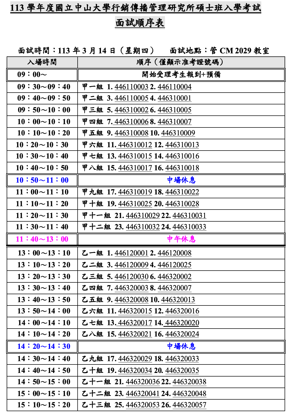 113碩班面試順序